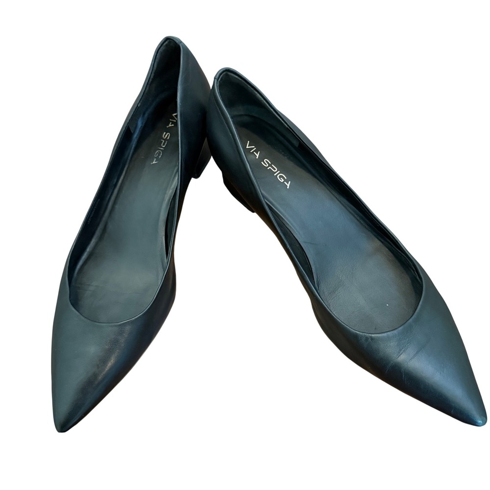 Via Spiga Black Leather Pointed Toe Block Heel Pumps Sz 12M EUR 42 Made in Italy